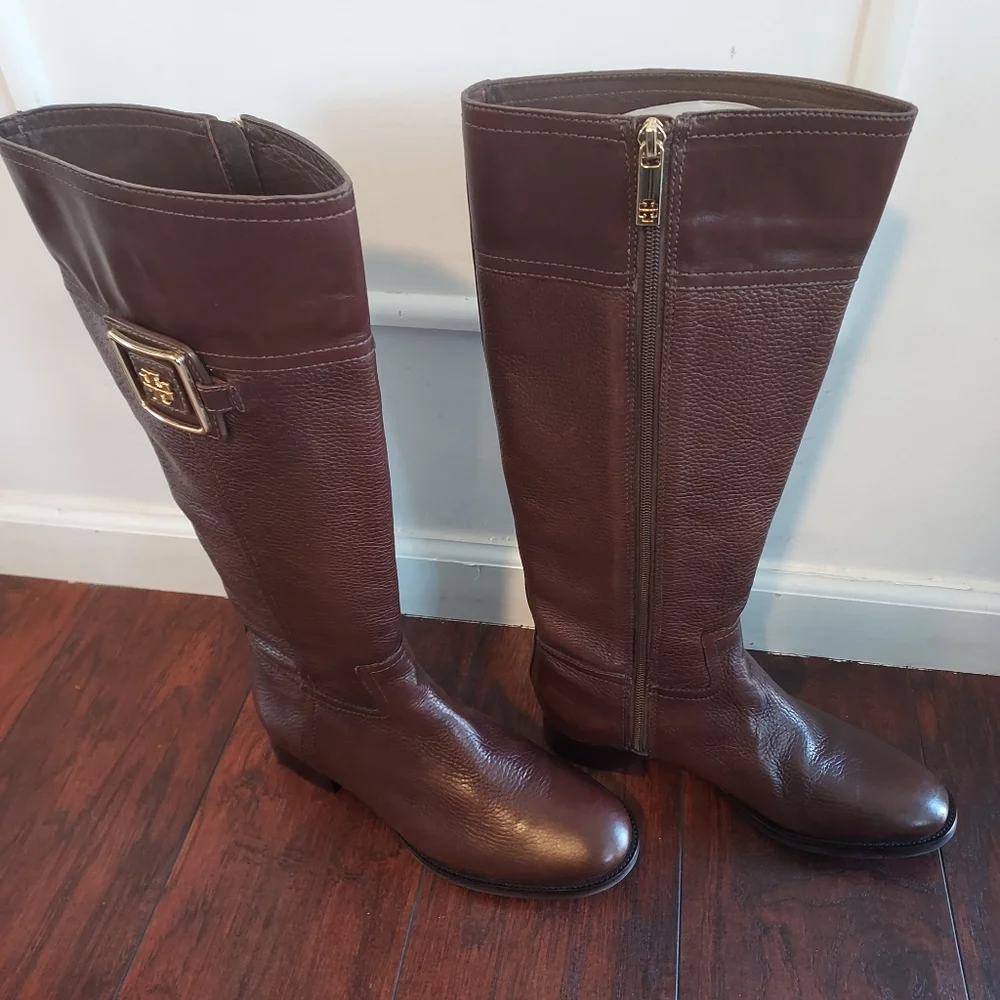 Tory Burch Julian Deep Brown Pebble Leather Riding Boots with Equestrian Style